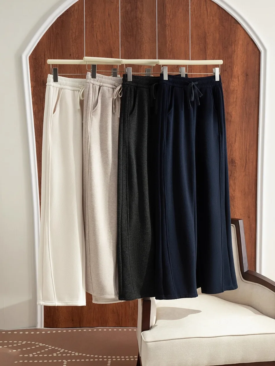

Women's Thiened Fce Lined Drapey Wide Leg Pants Autumn Winter Faion Knitted Sweatpants High Waist Straight Cut Trousers