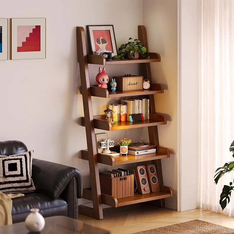 All solid wood bookshelf Floor trapezoidal shelf Integrated wall bookcase Student home living room display rack Storage rack