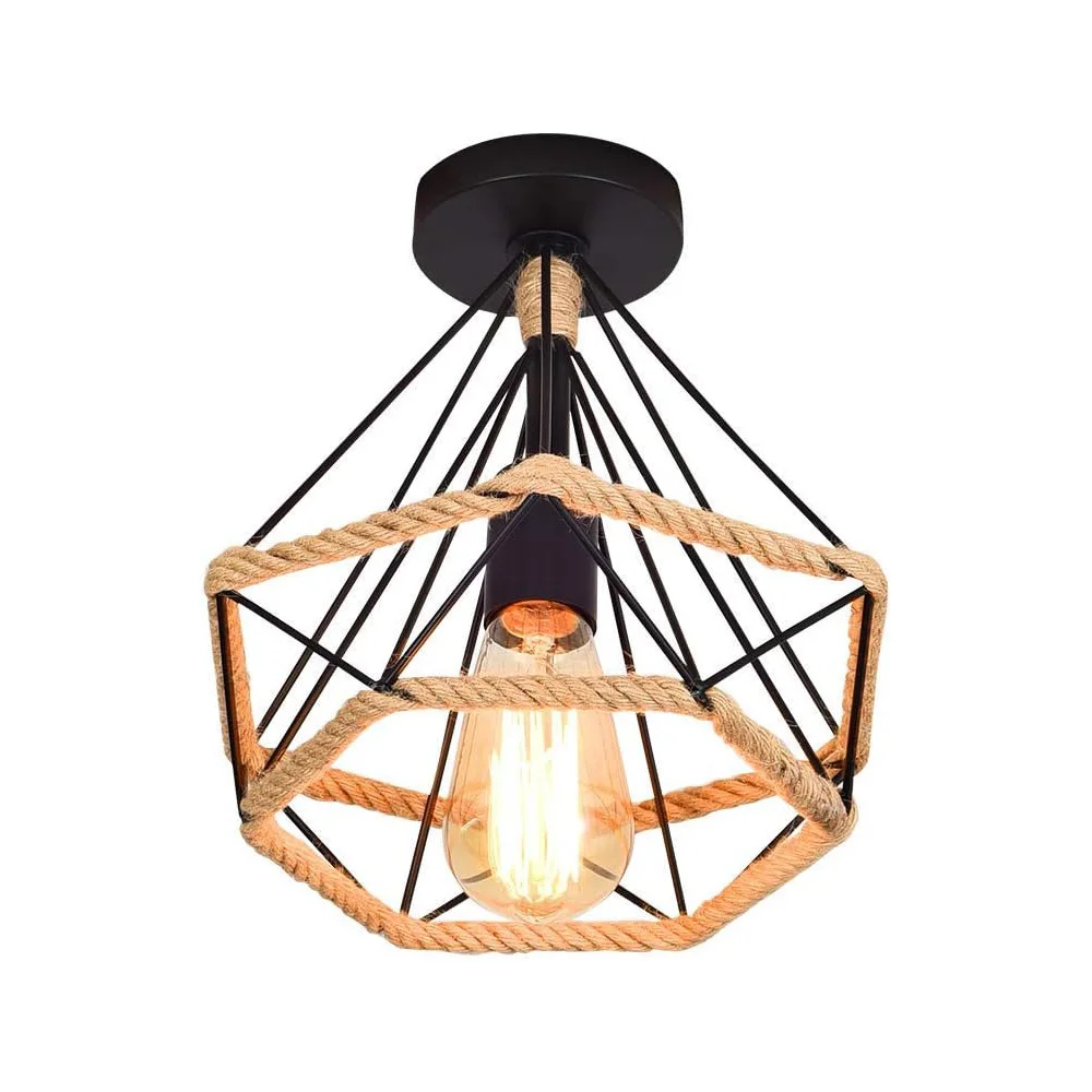 Lampada da soffitto vintage in metallo industriale con corda di canapa, lampada da soffitto in ferro con corda 25 cm (lampadina non inclusa)