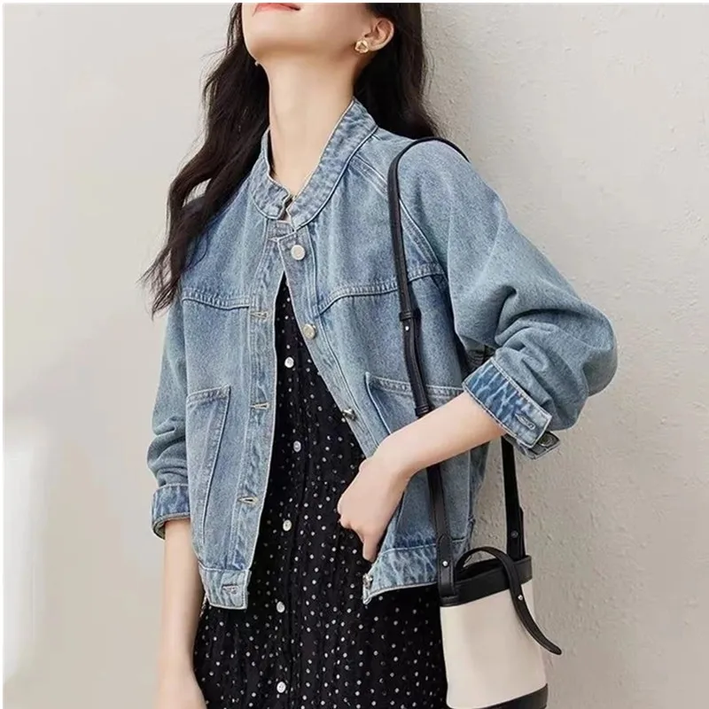 New Womens Retro Washed Denim Autumn Winter Standing Collar Basic Coats Fashion Female Casual Motorcycle s