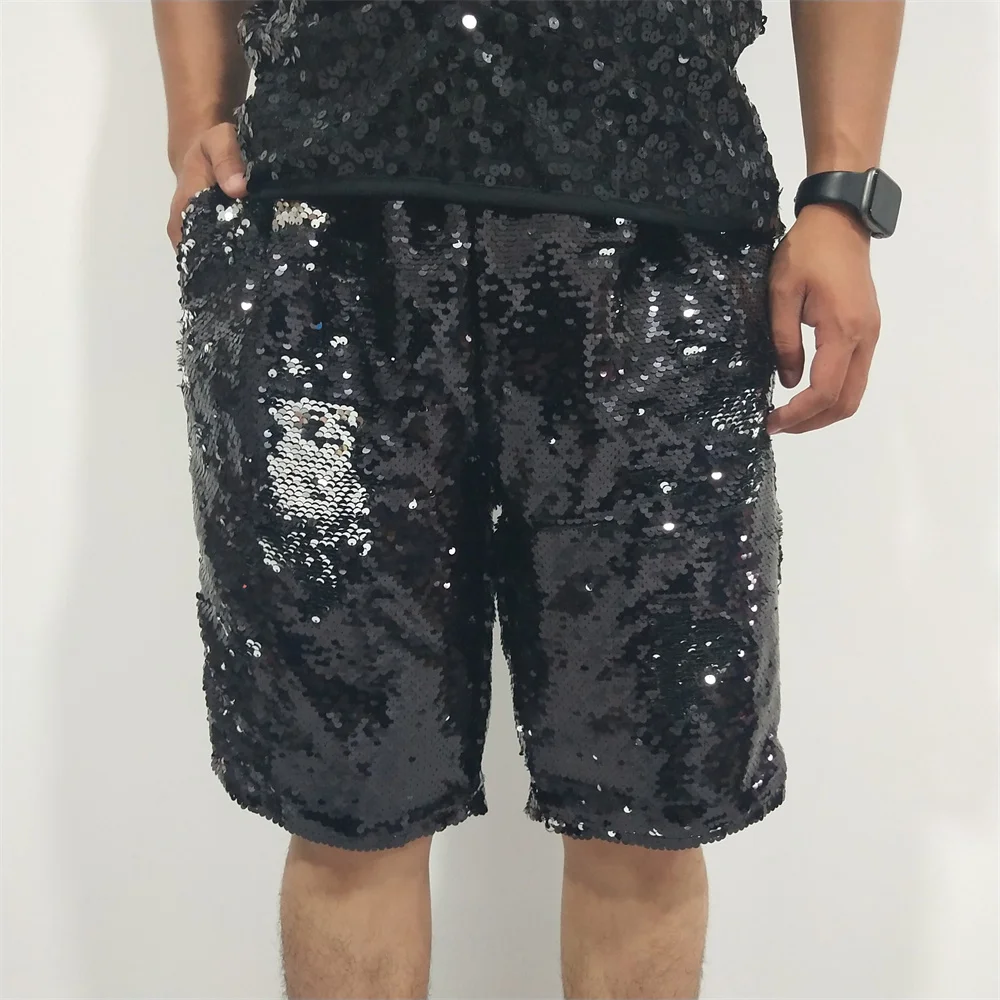 

Black Sequins Men Shorts Laser Mirror Pants Carnival Party Dance Show Loose Trousers Nightclub Singer Dancer Stage Casual Wear