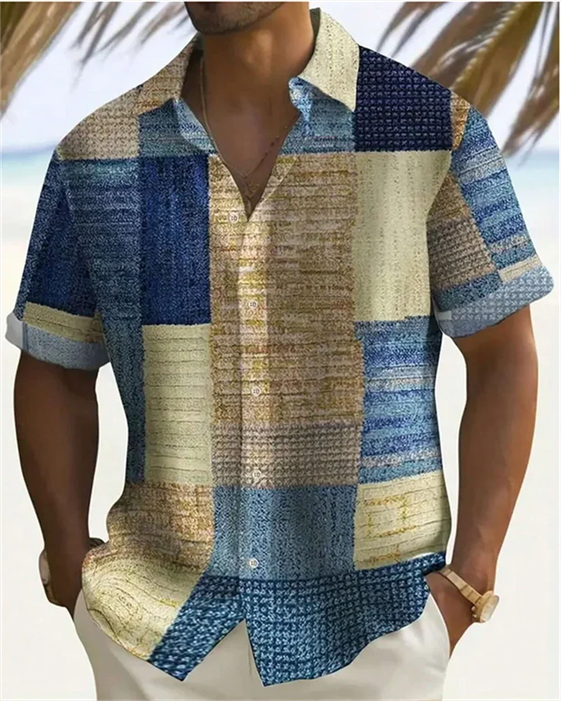 Men\'s shirt Color Block 3D printed button-down short sleeve shirt Large size high quality Hawaiian beach shirt top