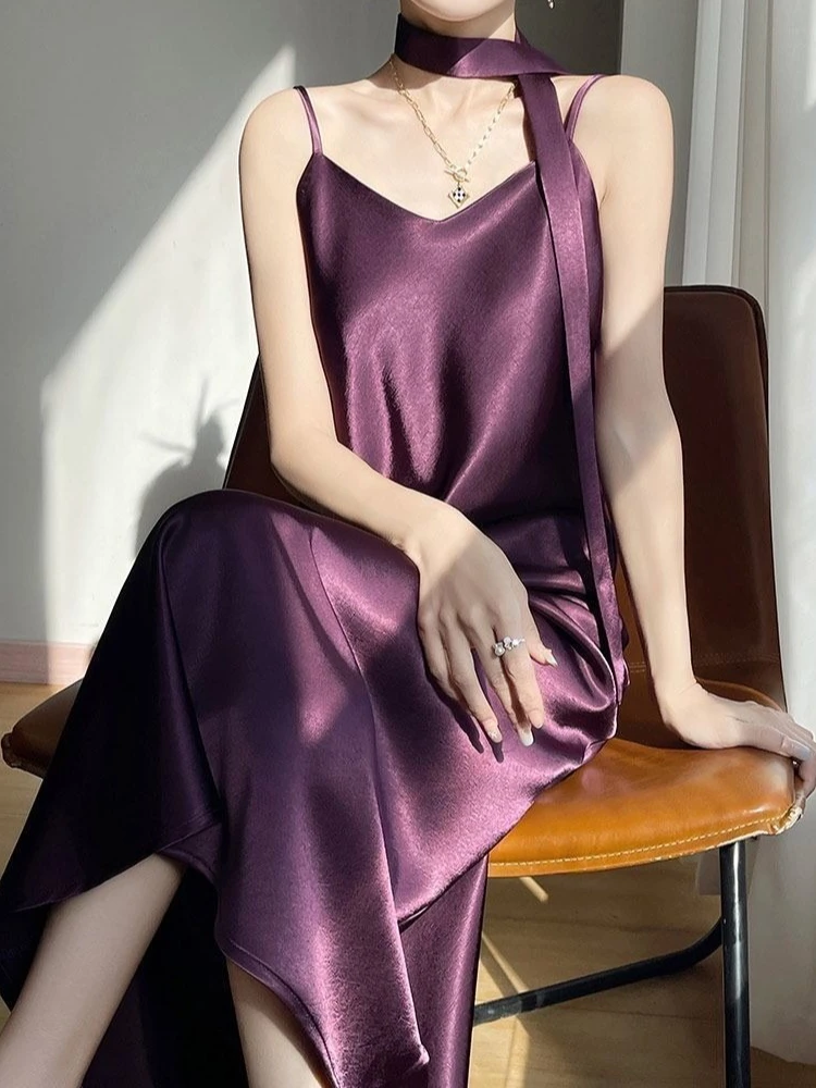 French Elegant Satin Camis Dress Women Summer Loose with Ribbon Midi Dress Female Fashion Aesthetic Party Evening Slip Dress view 3