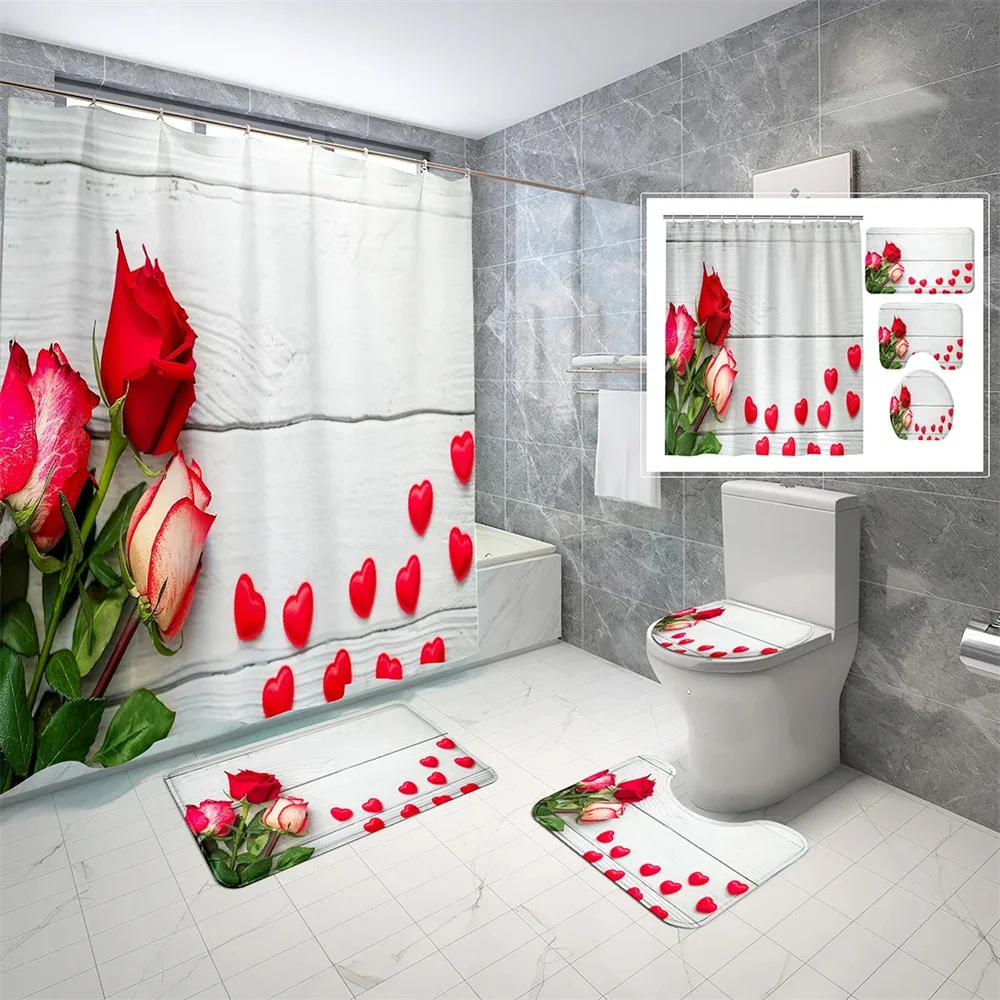 

Rose Lotus Natural Landscape Shower Curtain Set Summer Plant flower Bathroom Waterproof Shower curtain carpet Toilet seat mat