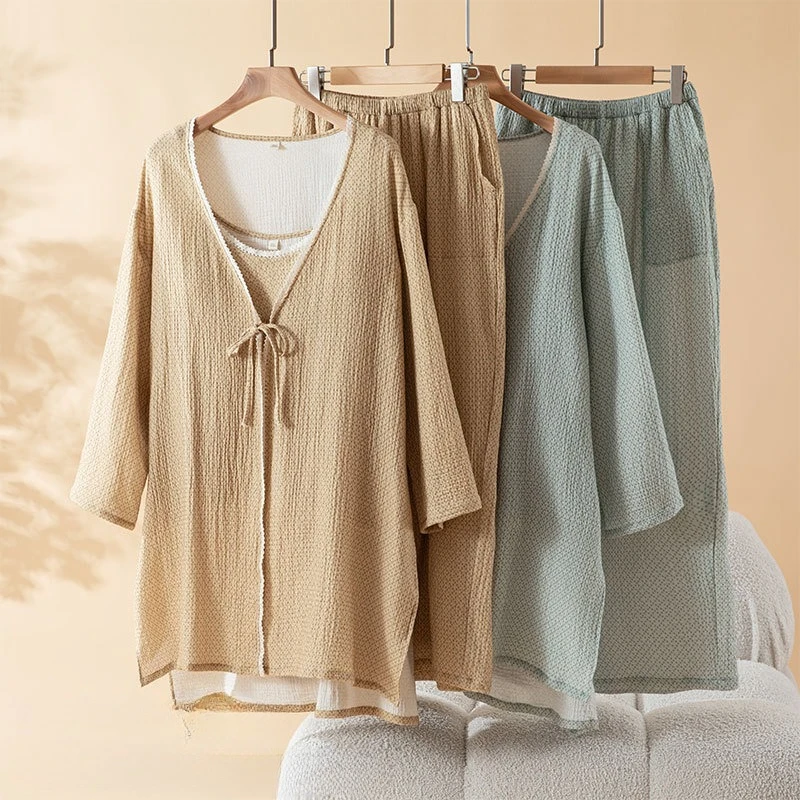 Women's 100% Cotton Detachable Bra Pad Pajamas Set 3 Piece Textured Camisole Robe & Long Pants Thin Breathable Loose Home Wear