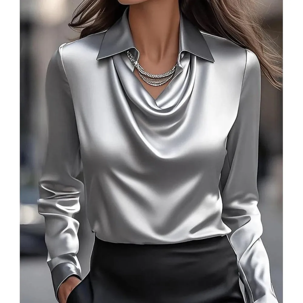 Immagine 3: Camicia da donna in raso retrò a maniche lunghe primavera autunno nuovo stile tinta unita semplice colletto altalena colletto della camicia top da donna