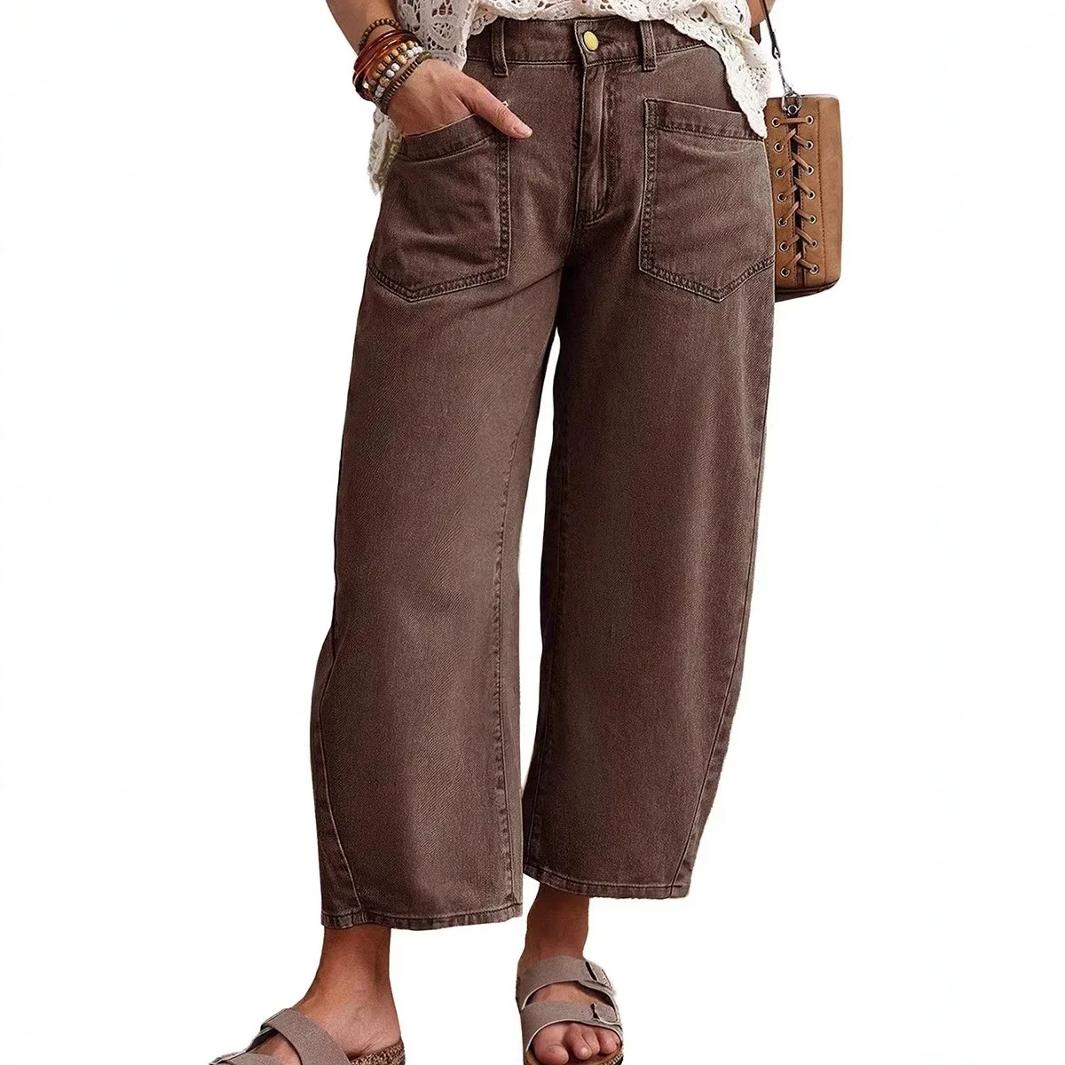 

Retro 90s Brown Washed Barrel Leg Cropped Jeans Women High Waist Casual Denim Trousers Streetwear
