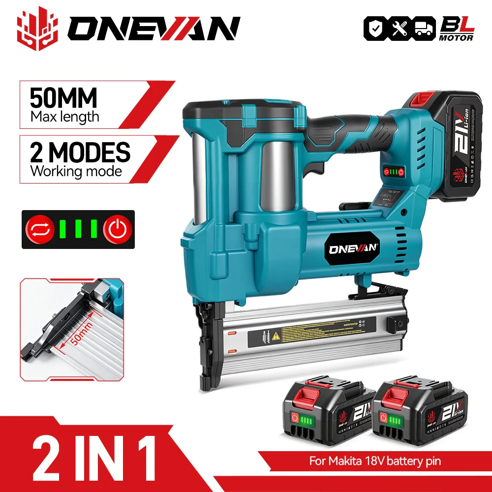 ONEVAN Bürstenloser elektrischer 2-in-1-Nagler/Hefterpistole F15-50 K410-438 Akku-Werkzeuge mit 4-Modus-Nagel für Makita 18 V Batterie-Pin