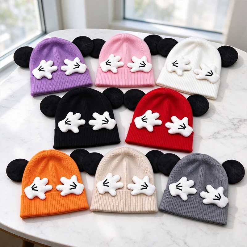 Cute Cartoon Mouse Ears Knitted Beanie 3D Plush Hand Decor Winter Warm Pullover Hat for Women Men Teens Couple Family Matching