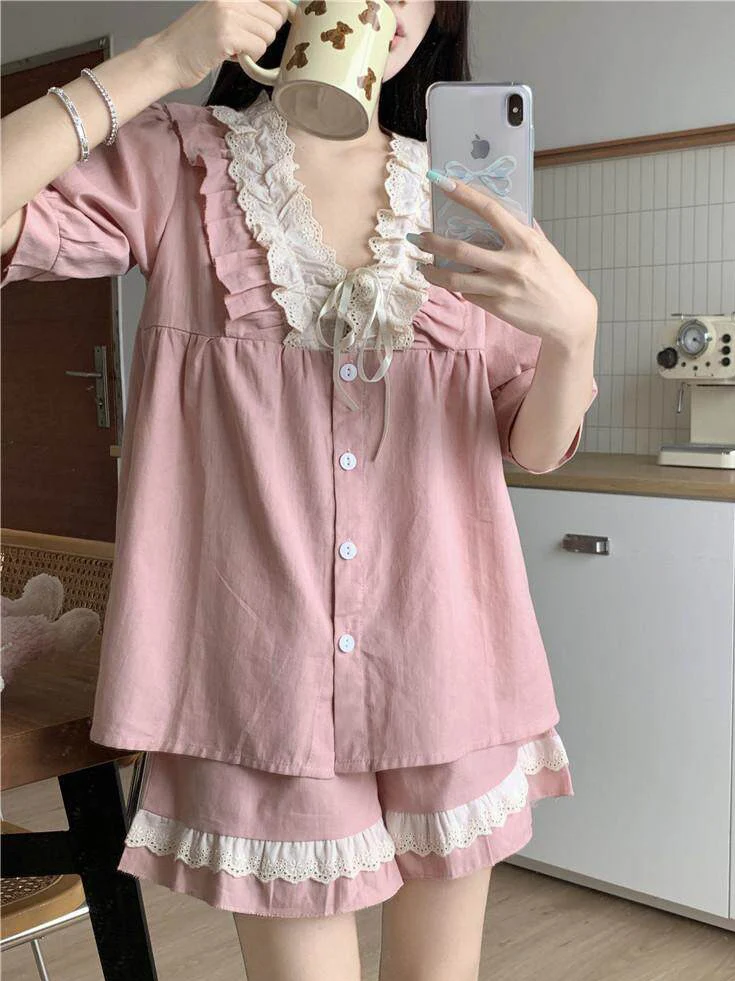 

plus Size Women's Lace Trim Short Sleeve Sleepwear Set Summer Home Clothes Two-Piece Set Sweet Anti-Aging Korean Style Loose Fit