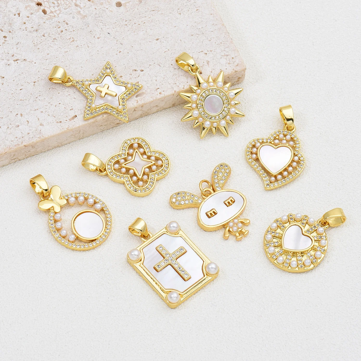 5pcs European and American White Fritillary Copper Gold Plated Cross Love Pendant DIY Jewelry Necklace Accessories Wholesale