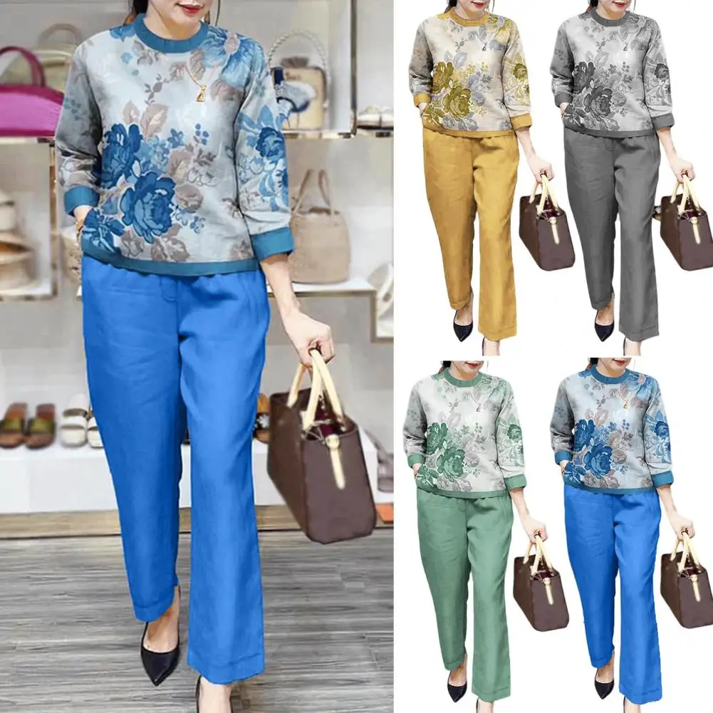 Loose Fit Women Casual Set Floral Print Women\'s T-shirt Pants Set with Wide Legs Pockets Stylish Spring/fall Suit for Female