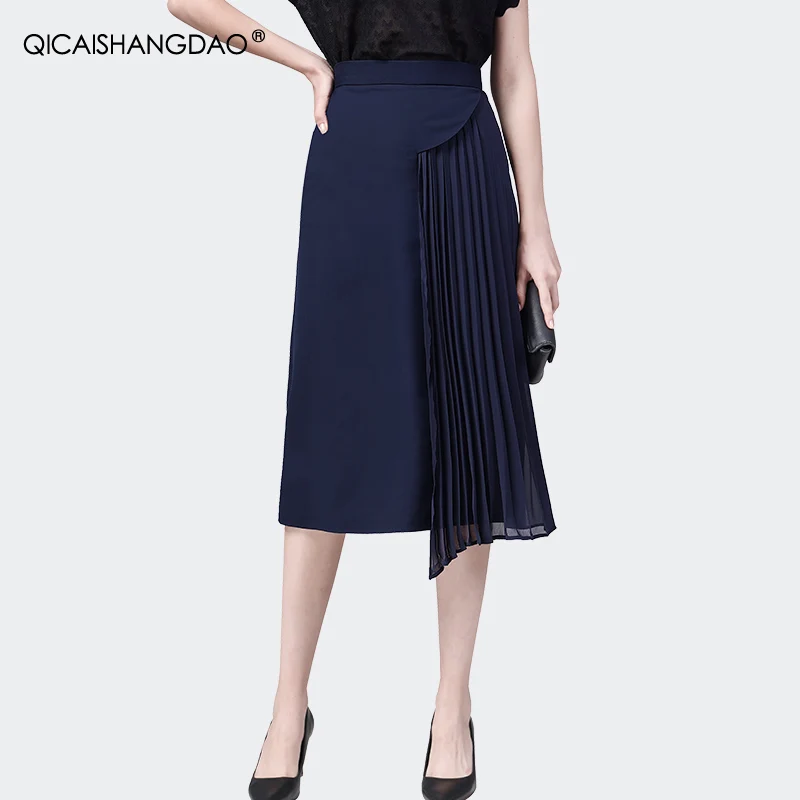 Fashion Asymmetrical Women High Waist A-line Pleated Skirt 2024 Fall Winter Mid-length Office Ladies Blue Chiffon Spliced Skirts