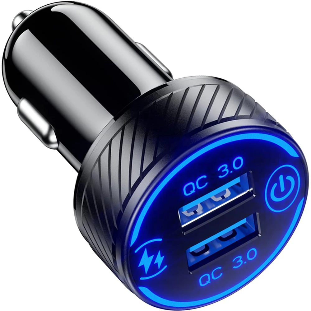 36W 3A Fast Car Charger Adapter Dual QC3.0 USB Car Charger Fast Charge with Blue LED and ON/Off Switch for 12V-24V Car RV ATV