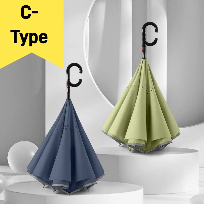Large-Size C-Type Vehicle Mounted Automatic Umbrella Wind Resistant Double-Layer Color Matching Reverse Long Handle for Rainstor