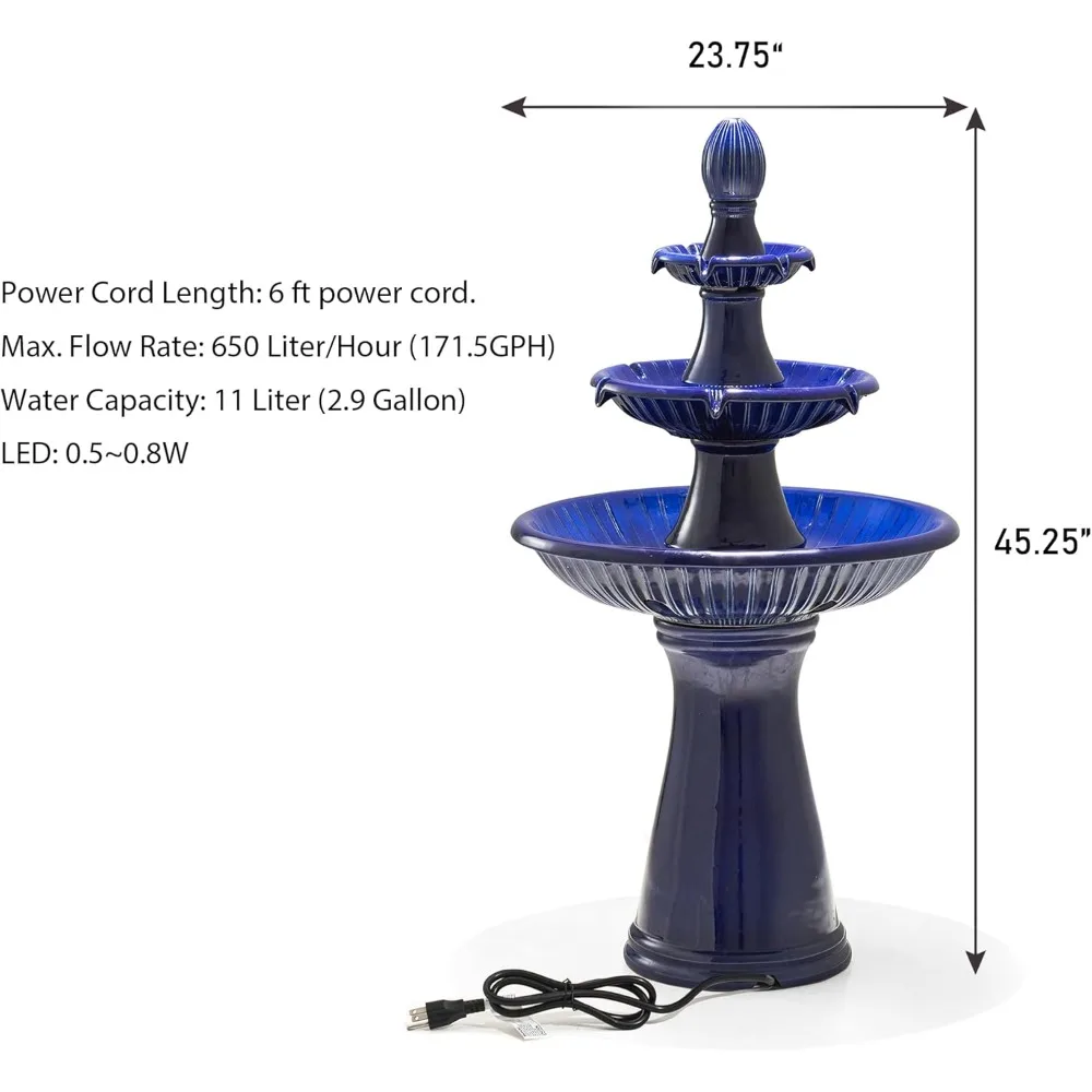 Water Fountain Outdoor Floor-Stand Fountain with LED Light & Pump Oversized 3 Tier Ceramic Cobalt Blue Patio Fountains