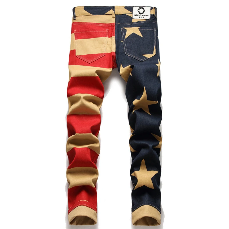 stabags  Men's Jeans with American Element Design, Flag Print, Punk Style, Men's Jeans with Graffiti, Mid Waist Casual Pants