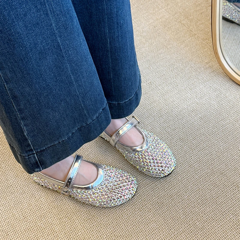 

Mesh Cutout Breathable Slip Strap Single Shoes Summer New Round Toe Shallow Slip Rhinestone Flats