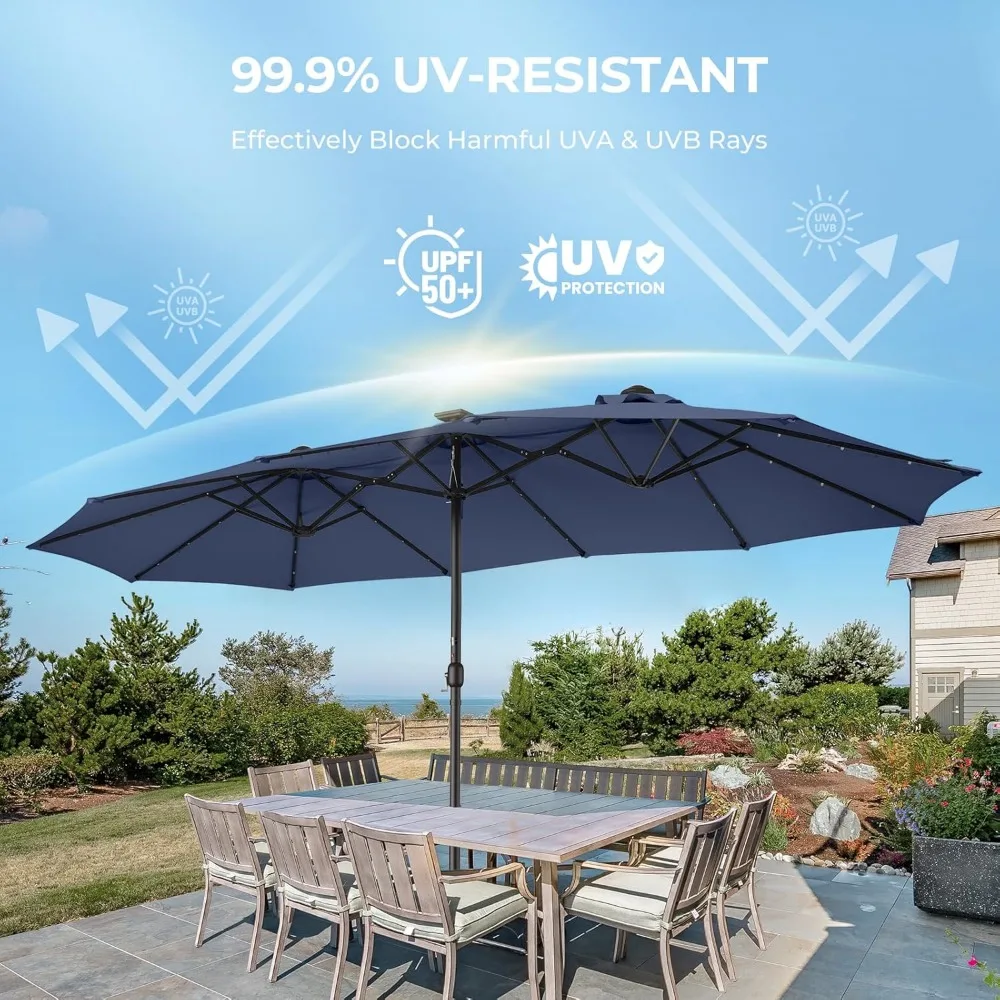 Double Sided Patio Umbrellas - 15ft Solar Lights LED Lighted Outdoor Extra Large Market Table Umbrella with Base Included, Overs image 3