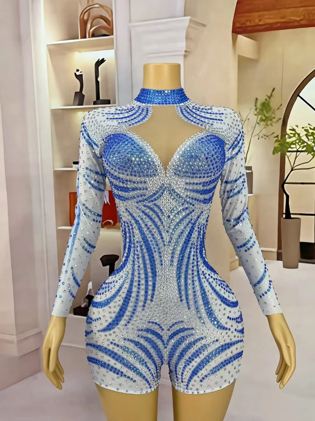 Lantianbaiyun Luxury Handmade Flashing Full Little Rhinestones Bodysuit Party Show Fashion Outfit Stage Performance Costumes