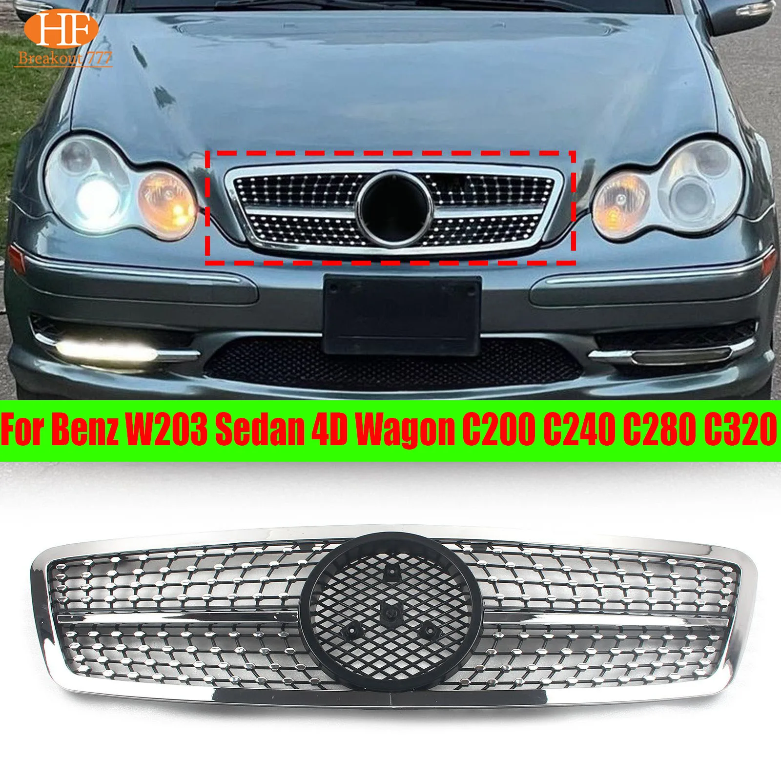 

Front Bumper Grille Hood Grill Diamond Tuning For Mercedes Benz W203 2000-2007 Sedan 4D Wagon C200 C240 C280 C320 Replacement