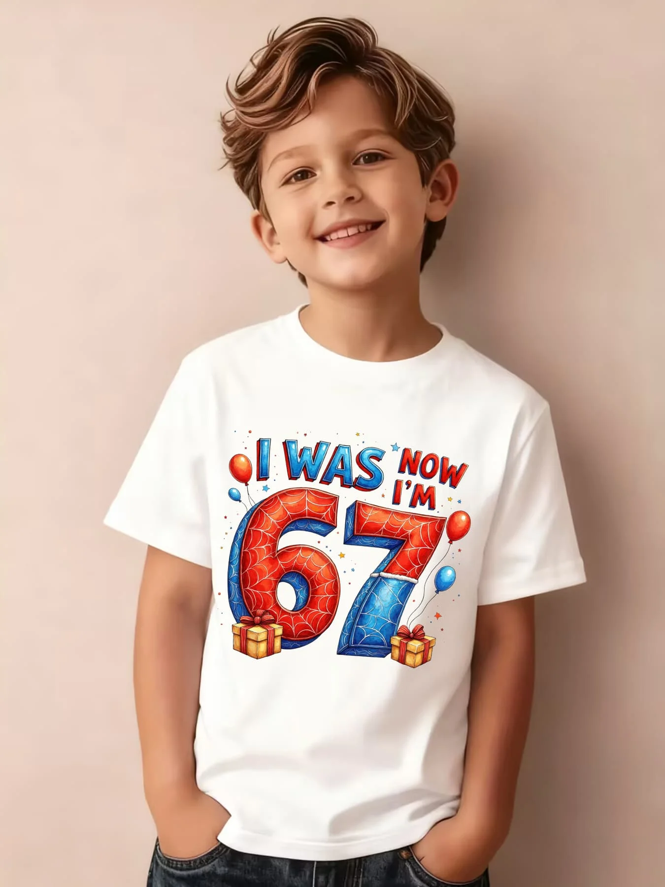 Spider Web Digit 67 Balloon Gift Birthday Print Family Matching Cotton Tees Short Sleeve Tops For Mom Dad Boys Girls Daily Wear