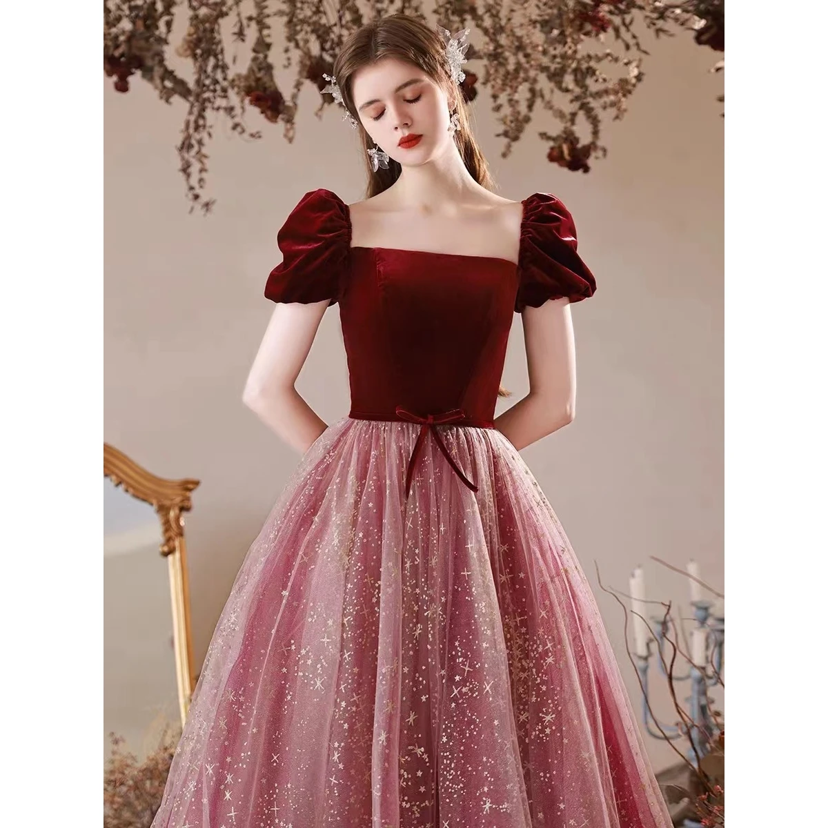 여성 튤 프롬 드레스 이브닝 가운 호스팅 기품 가을 겨울 벨벳 드레스 포멀 드레스 여성 우아한 파티 드레스