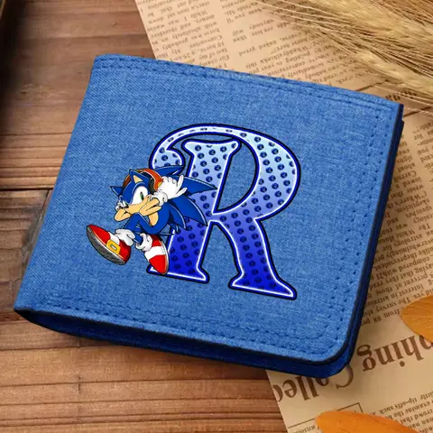 Juego Sonices billetera corta con letras A-Z, monedero de lona de Anime, tarjetero con múltiples ranuras, estampado de dibujos animados, Clip para dinero para niño y niña
