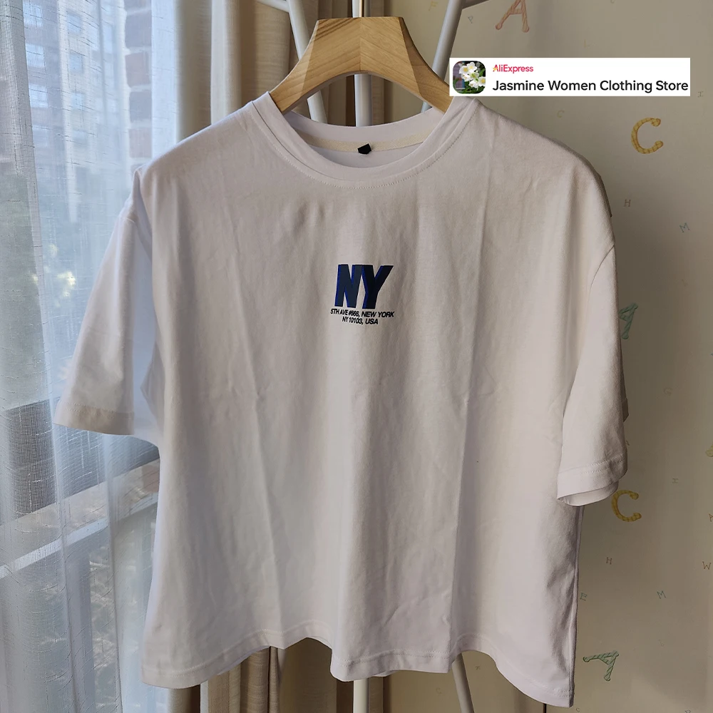 

Women Casual Oversized White Cotton T-shirt with Blue Text Classic Cozy O-Neck Short Sleeves Tee with Dropped Shoulders for Lady