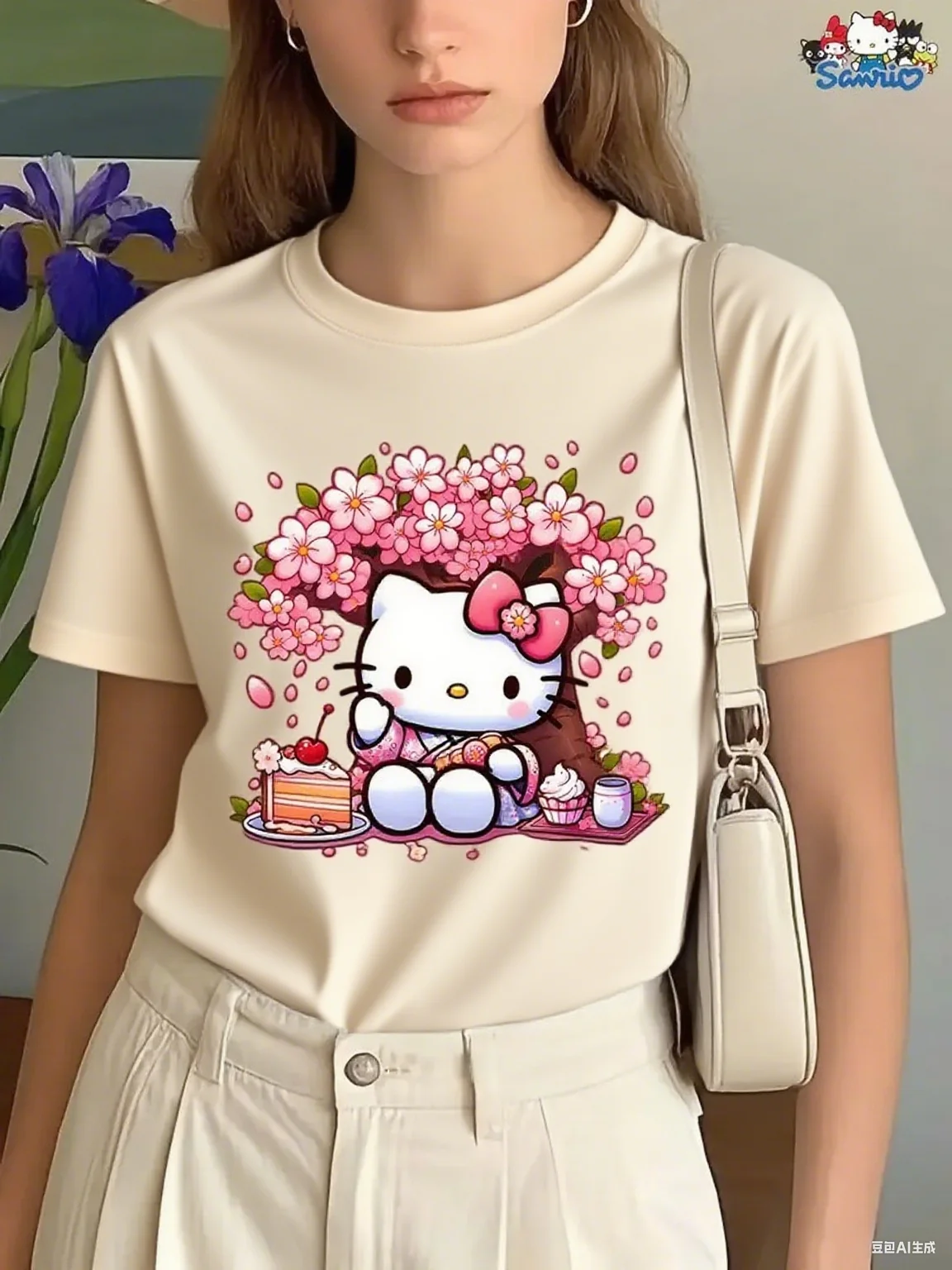 لطيف مرحبا كيتي زهر الكرز نزهة القطن تي شيرت العصرية المطبوعة العلامة التجارية القطن الخالص تي شيرت قصير الأكمام للجنسين جولة الرقبة #3
