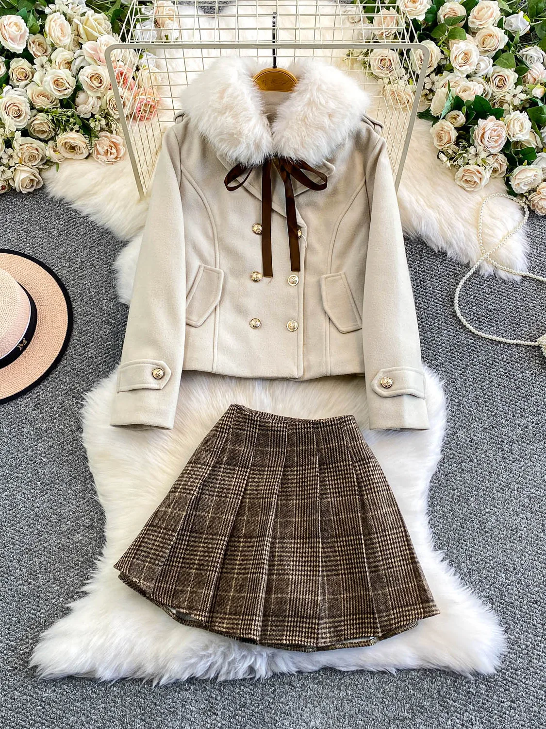 

Зимний наряд Thiened с клетчатой юбкой и пальто с меховым воротником, плиссированная юбка с высокой талией, комплект American Sle Faion для подростков