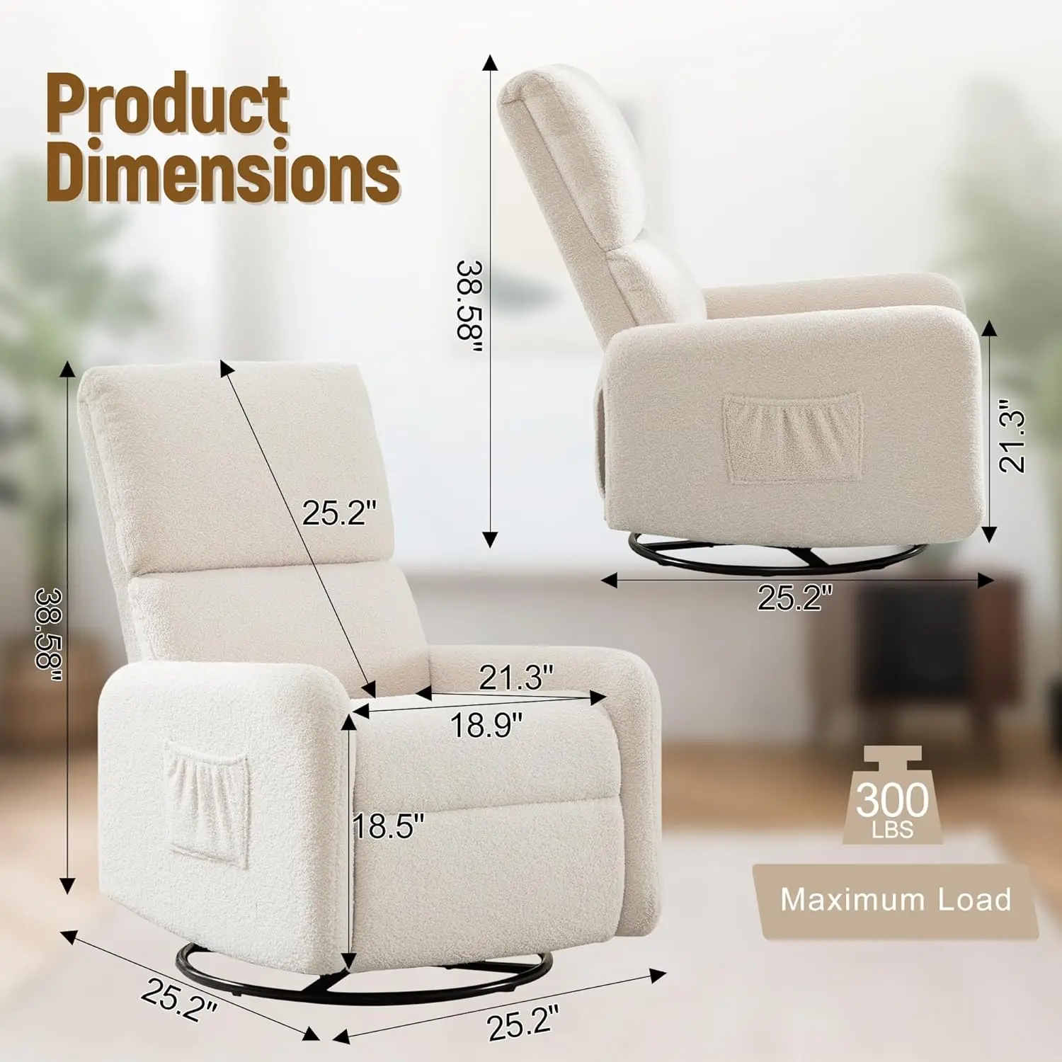 Sherpa Swivel 360° Rocking Chair for Nursery and Living Room, with Side Pockets and Steel Structure Base, Ideal for Small Spaces