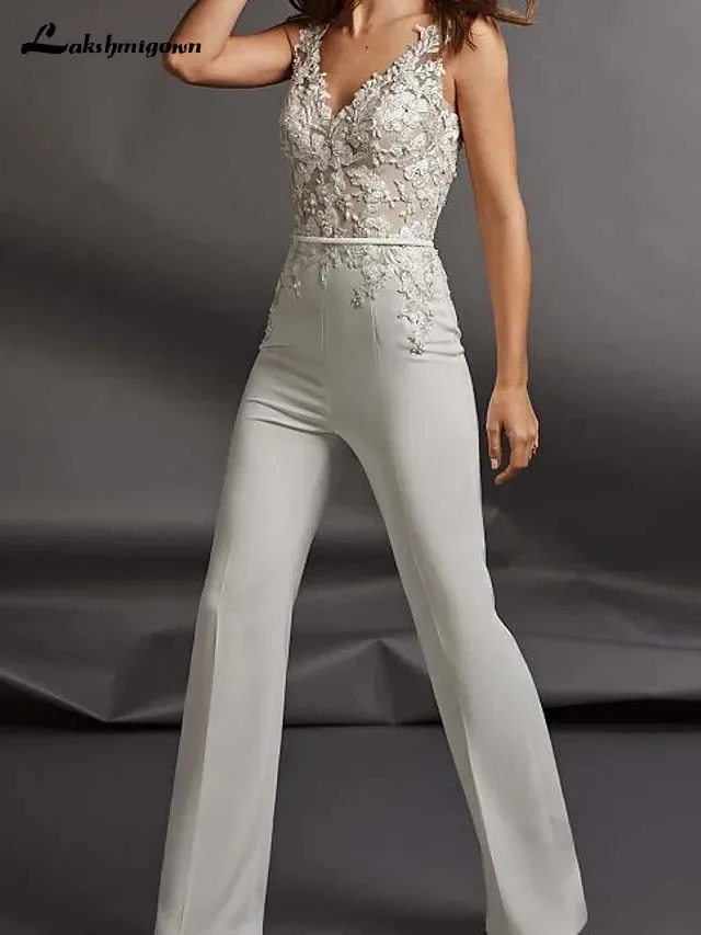 Jumpsuits Wedding Dresses V Neck Floor Length Sleeveless Country Plus Size with Sashes / Ribbons Appliques 2025