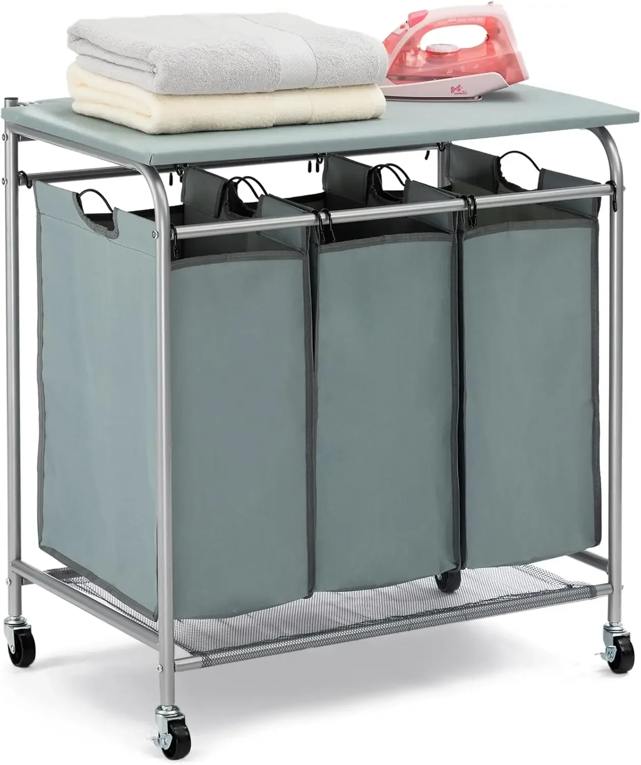 Laundry Sorter with Ironing Board, Sturdy Laundry Hamper Organizer with Wheels and Folding Top Lid for Laundry Room Bl