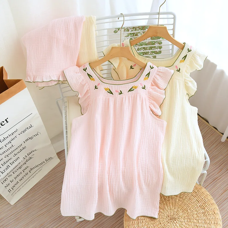 2024 New Summer Women\'s Pure Cotton Pajama Set Sweet and Cute Tank Top+Shorts Two Piece Embroidered Strap Pajama Home Suit