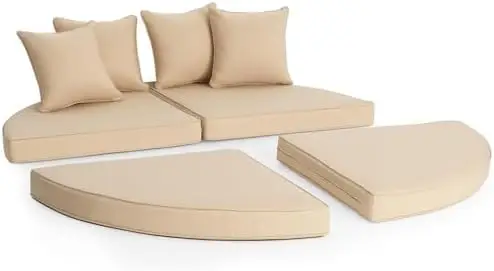 66 Inch Outdoor Patio Canopy Bed Round Daybed Replacement Cushions, 4 Pieces Clamshell Sectional Seating Wicker