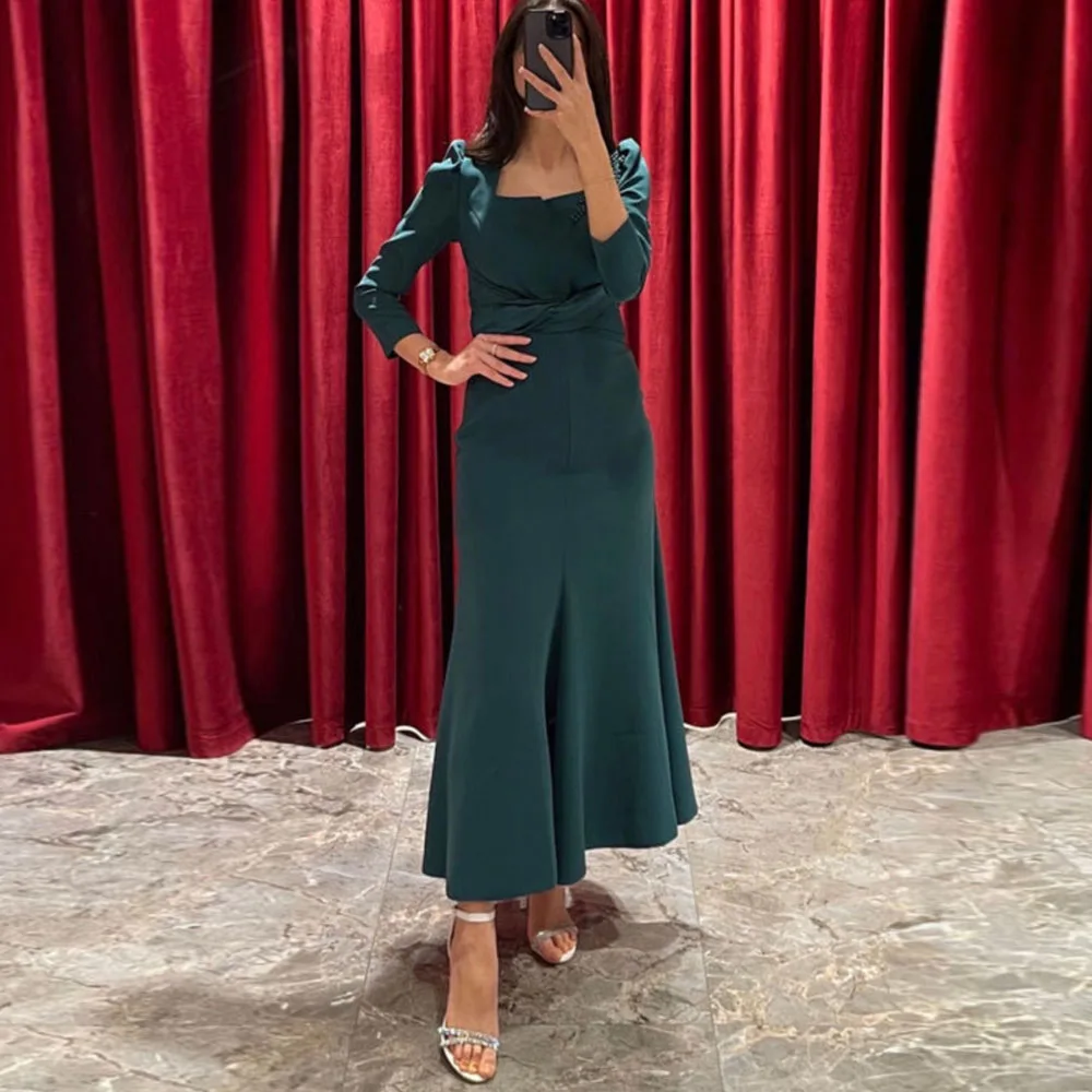 

Green Evening Dresses for Women 3/4 Sleeve Ankle Length Square Collar Formal Occasion Dresses With Bow Back Mermaid فساتين الحفل