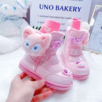 Disney-Girls' Plush Snow Boots, Sapatos de Algodão Infantil, Impermeável, Quente, Desenhos Animados, Espessado, Rosa, Pelúcia, Inverno, Tamanho 24