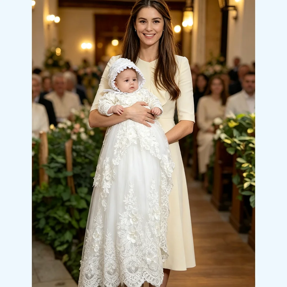 Custom Baby Girls Christening Gown White Lace Baptism Gown with Hood Full Sleeve Infant Newborn Dedication Ceremony Formal Dress