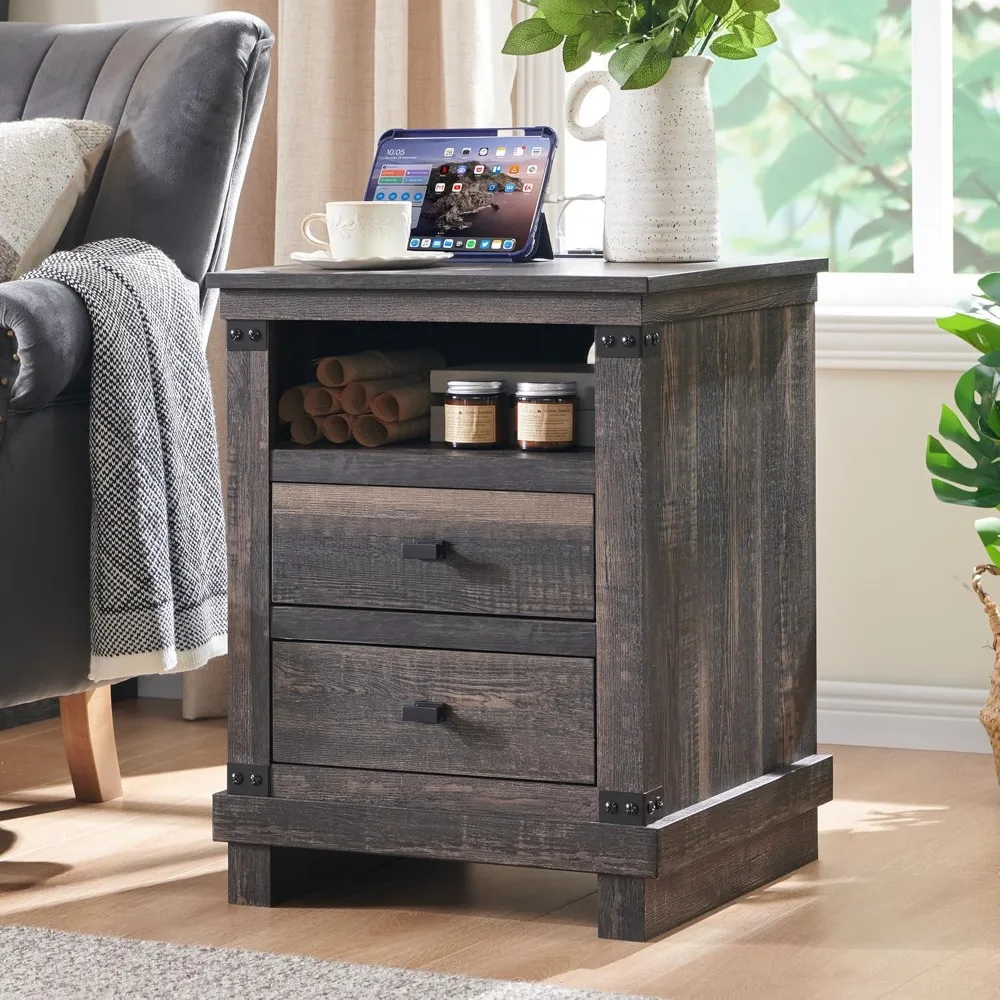 

Farmhouse Nightstand with Charging Station, 18" Rustic Night Stand with 2 Storage Drawers, Wood End Table for Bedroom
