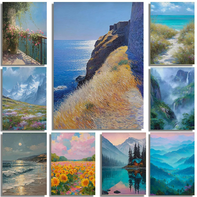Traumhafte Berge, Flüsse, Wasserfälle, Grasland, Ozean-Landschaften, Ölgemälde-Kunstposter, Leinwanddruck für Wohnzimmer und Schlafzimmer