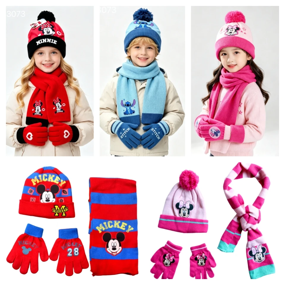 Winter 3pcs Kids Warm Hats Set Cartoon Mouse Print Knit Hat Scarf Gloves Thermal Cold Weather Accessories Gift Boys Girls 3‑8YT