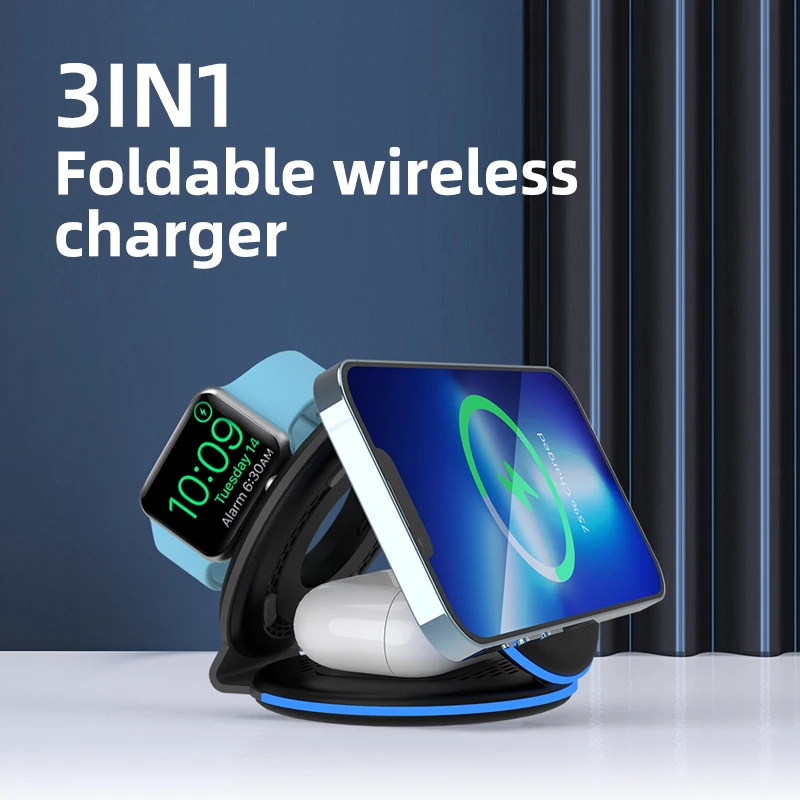 3 in 1 Foldable Wireless Charging Station for Multiple Apple Devices Magsafe Travel Charger for iPhone 15/14//13 iWatch AirPods