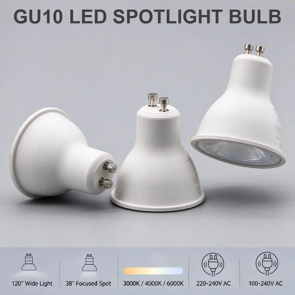3W-9W GU10 LED Bulb 38°/120° Beam Angle CRI≥80 Flicker-Free AC100-240V/220-240V Halogen Equivalent for Cafe Indoor Spot Lighting
