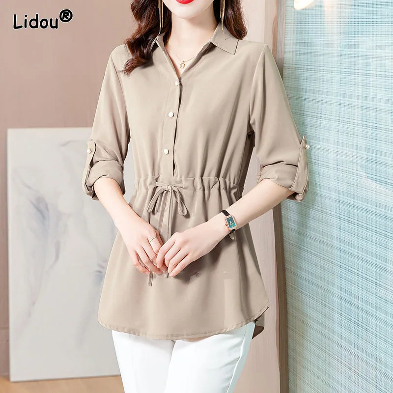 Thin Solid Long Casual Chiffon Button Turn-down Collar Drawstring Women Shirt Women\'s Clothing 2022 Temperament Spring Summer