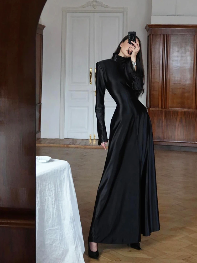 Weird Puss Elegant Classic Dress Women Spring Trend Half High Collar Full Sleeve Simple Stretch Skinny Evening Banquet Bodycon