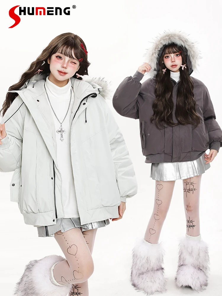 

Korean HIghstreet Sweet Cool Fur Collar Hooded Cotton Padded Coat Women Winter Loose Casual Thickened Warm Short Parka Jacket