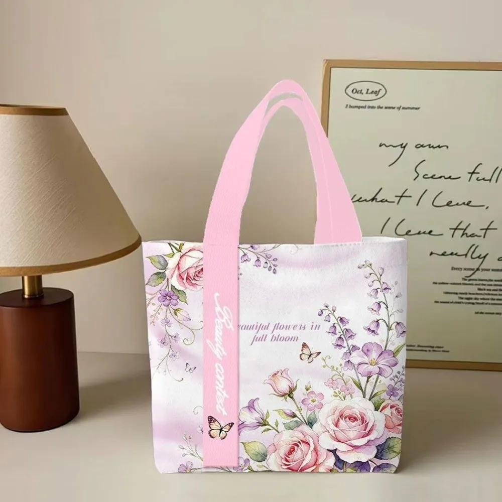 Portable Floral Canvas Tote Bag Reusable Large Capacity Shoulder Bag Lightweight Shopping Bag Daily Commute