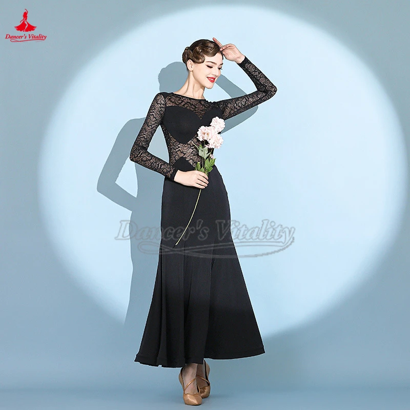 

Стандартные бальные танцы, черные кружевные профессиональные платья с длинными рукавами, женский взрослый вальс, фокстрот, танго, квикстеп, тренировочный наряд