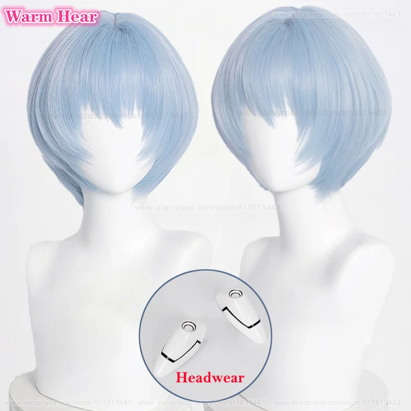 Anime EVA sintetis Ayanami Rei Wig Cosplay biru muda pendek dengan hiasan kepala Wig pesta rambut tahan panas + topi Wig